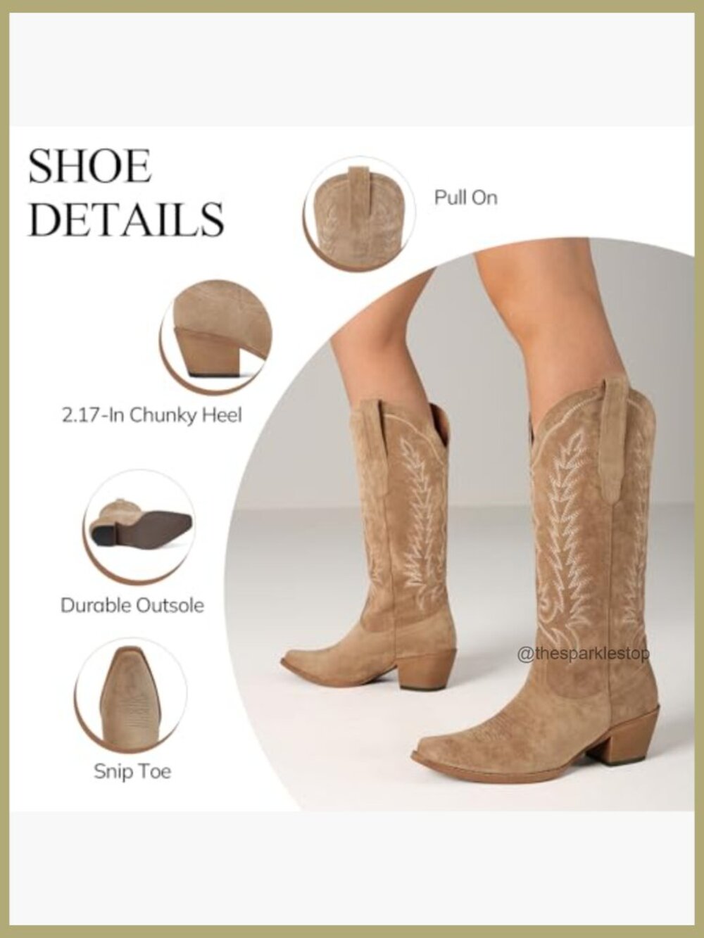 Embroidered Western Knee High Cowgirl Boots Pointed Toe Chunky Heel - Picture 5 of 7